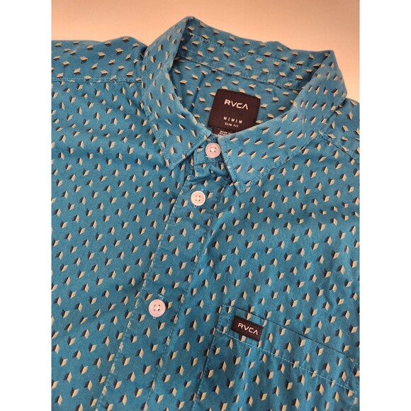 RVCA Shirt Men's M Blue Short Sleeve Geometric Button‎ Up Slim Fit - Picture 1 of 5
